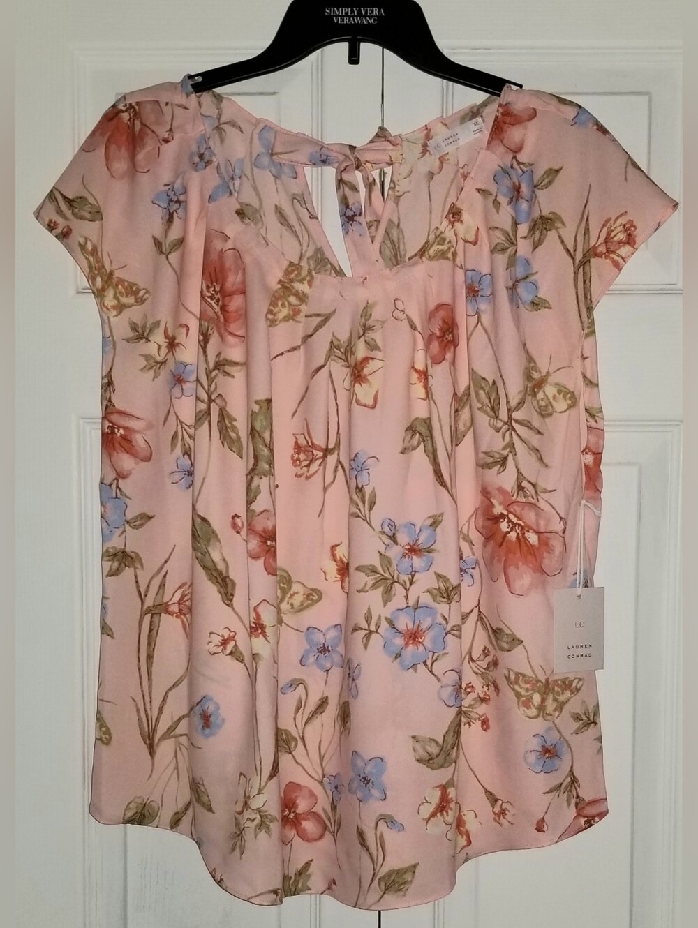LC Lauren Conrad Flowy Peach Floral Keyhole Blouse/Top with Cap Sleeves-XL-New!